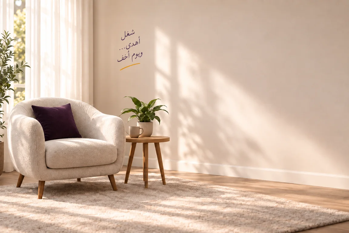 كرسي أبيض في أوضة هادية بإضاءة طبيعية، وعلى الحيطة مكتوب «شغل أهدى.. ويوم أخف».